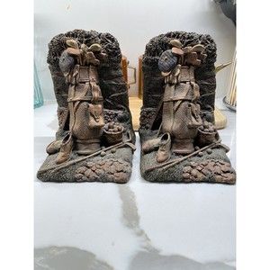 Pair Golf Bookends Book ends By FIGI Graphics painted bronze Vintage 1990s